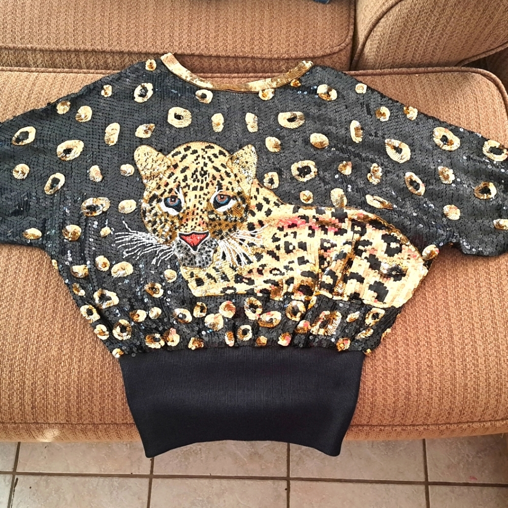 Vintage Silk Sequin Beaded Leopard Batwing Top